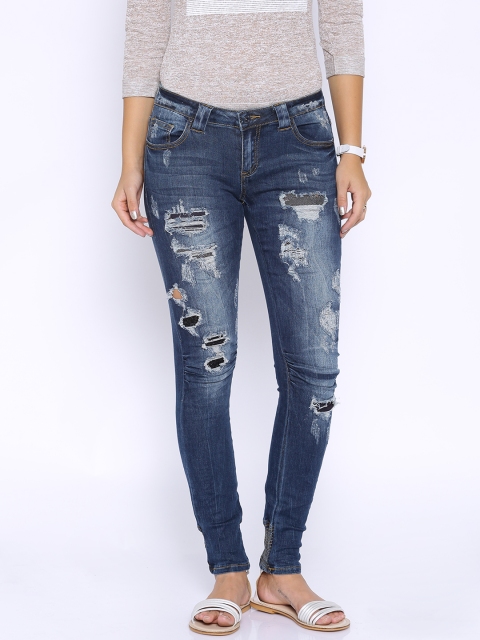 

Deal Jeans Women Blue Skinny Fit Mid-Rise Highly Distressed Jeans
