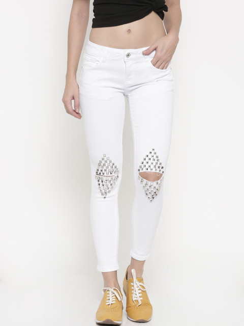 

Deal Jeans Women White Skinny Fit Mid-Rise Slash Knee Stretchable Jeans