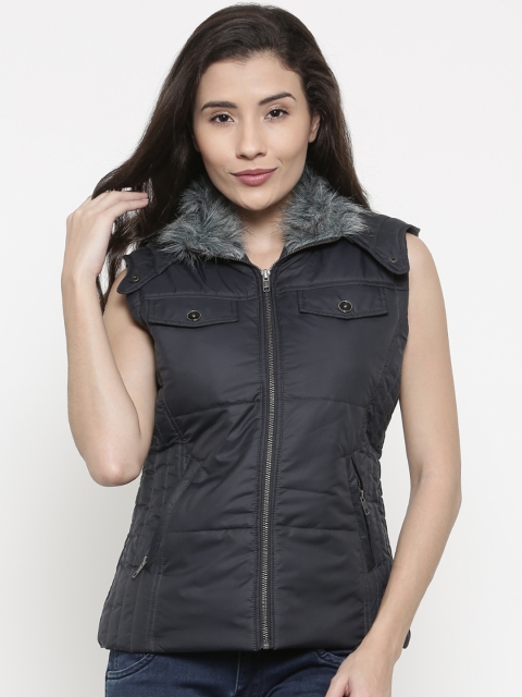 

Deal Jeans Women Navy Blue Solid Padded Jacket with Detachable Hood