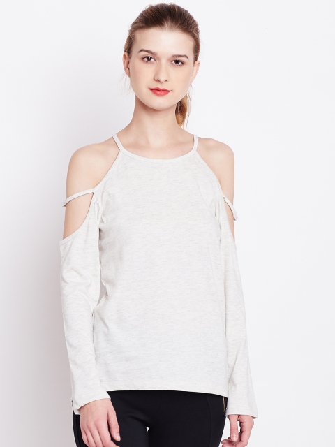 

Marie Claire Women Off-White Self-Design Cold Shoulder Top