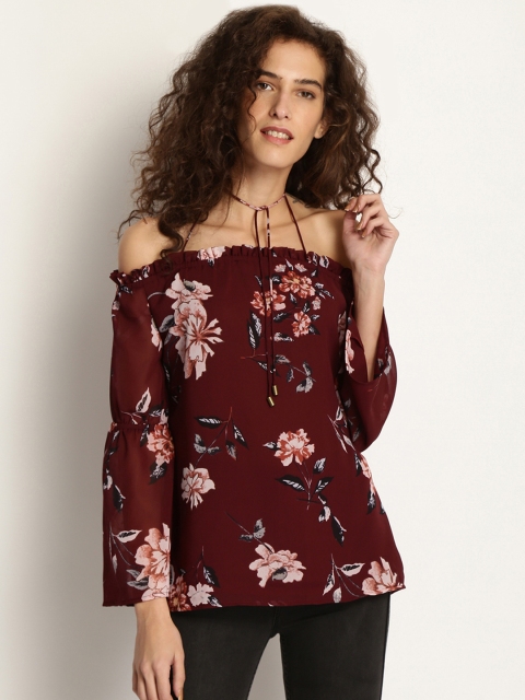 

Marie Claire Women Maroon Printed Bardot Top