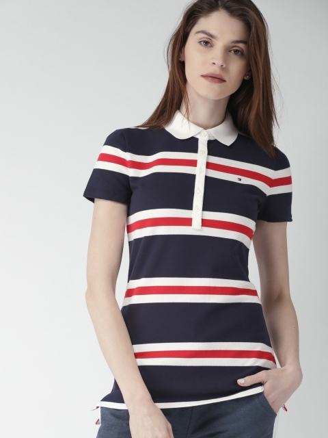 

Tommy Hilfiger Women Navy Blue Striped Polo Collar T-shirt