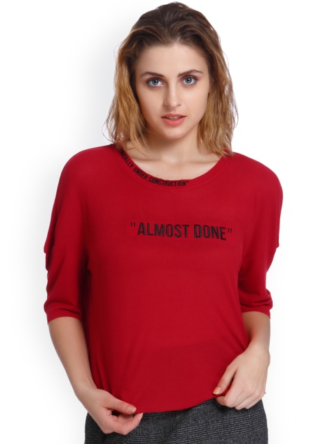 

ONLY Women Red Self Design Round Neck T-shirt