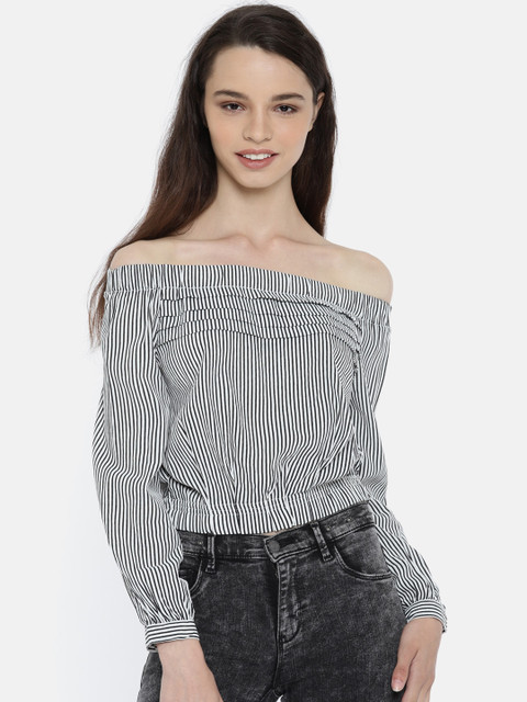 

ONLY Women White Striped Bardot Top