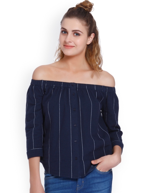 

ONLY Women Navy Blue & White Striped Bardot Top
