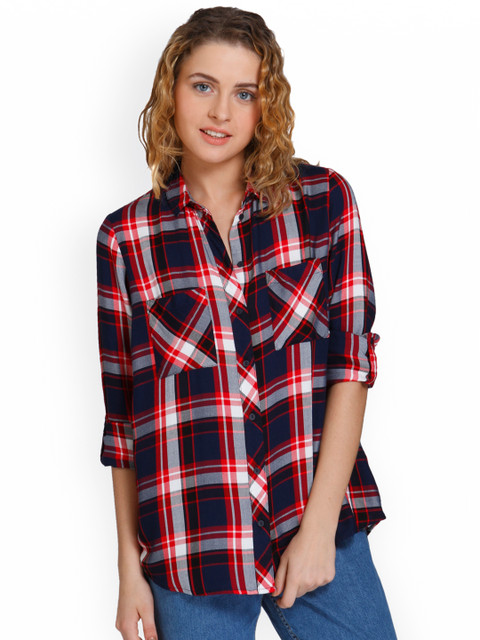 

ONLY Women Navy Blue & Red Regular Fit Checked Casual Shirt