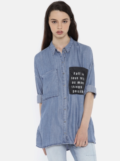 

ONLY Women Blue Boxy Faded Casual Shirt