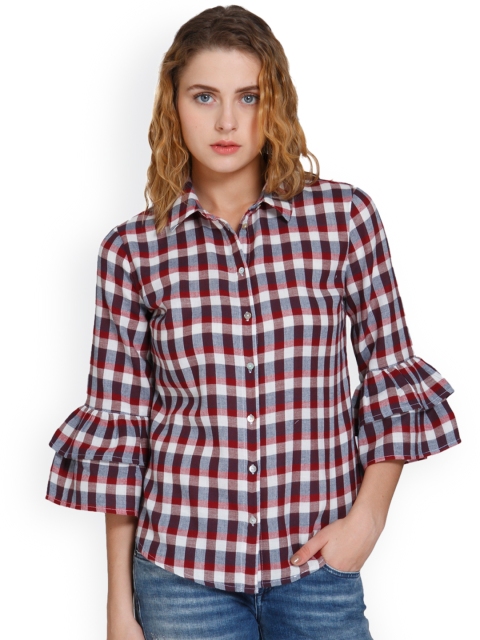 

ONLY Women White & Burgundy Regular Fit Checked Casual Shirt