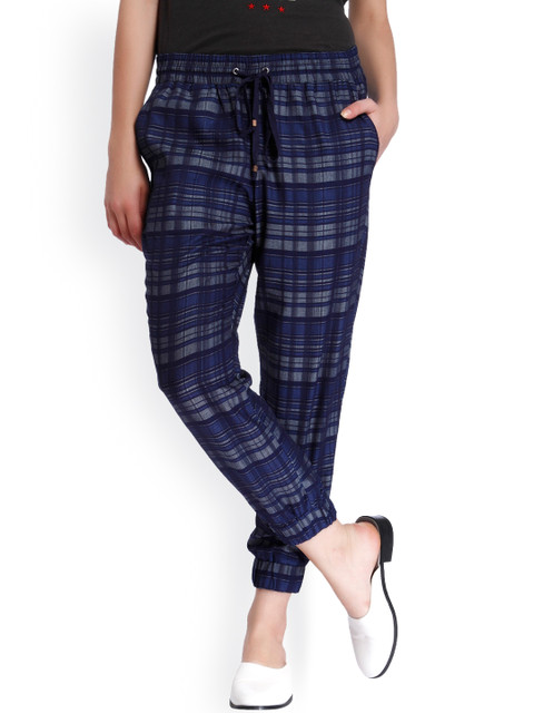 

ONLY Women Blue & Grey Regular Fit Checked Joggers