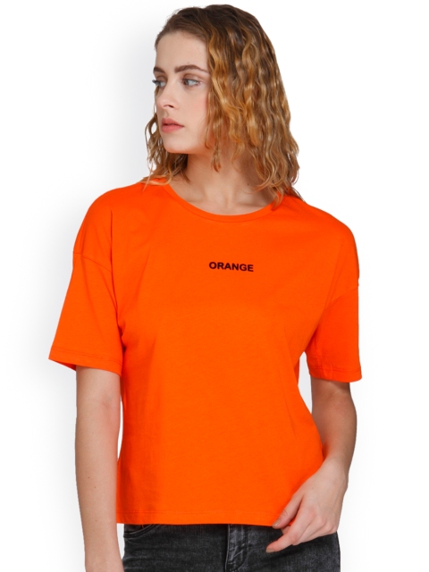

ONLY Women Orange Solid Round Neck T-shirt