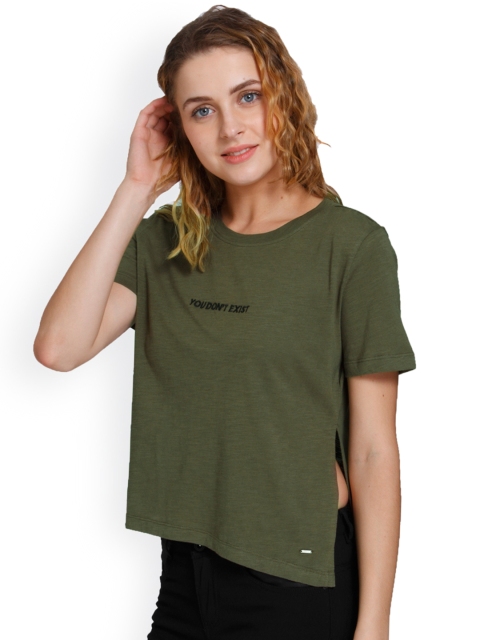 

ONLY Women Olive Green Self Design Round Neck T-shirt