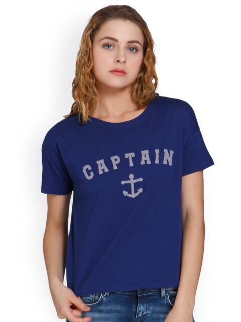 

ONLY Women Navy Self Design Round Neck T-shirt, Navy blue
