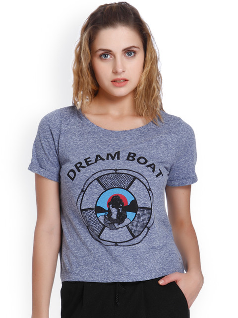 

ONLY Women Blue Printed Round Neck T-shirt