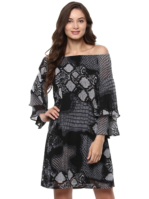 

Zima Leto Women Black & Grey Printed Off-Shoulder A-Line Dress