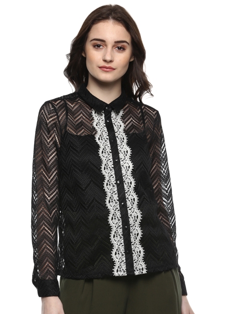 

Kazo Women Black Chevron Pattern Lace Casual Shirt