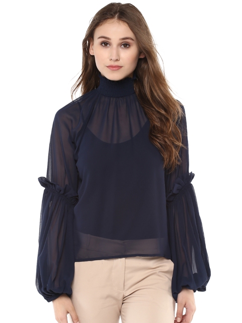 

Kazo Women Navy Blue Solid Sheer Top with Gathers