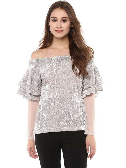 

Kazo Women Grey Solid Crumpled Effect Bardot Top