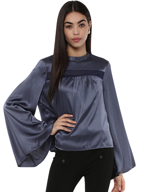 

Kazo Women Navy Blue Solid Satin Top