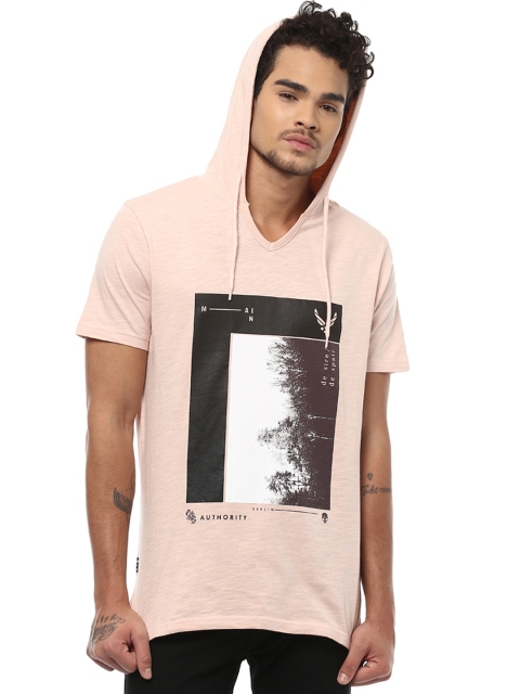 

People Men Peach-Coloured Printed Hood T-shirt