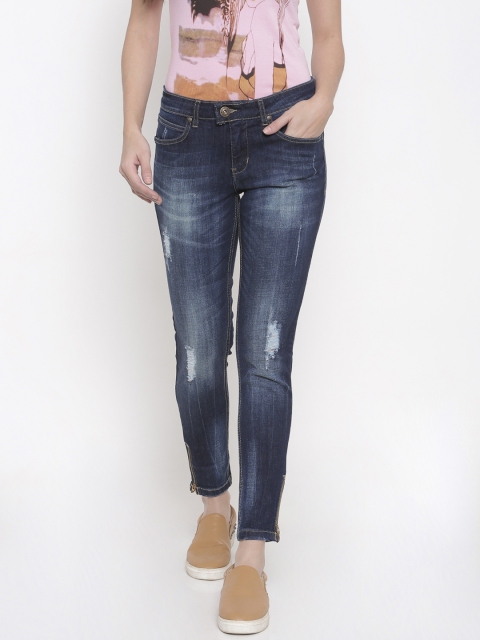 

People Women Blue Skinny Fit Mid-Rise Mildly Distressed Stretchable Jeans