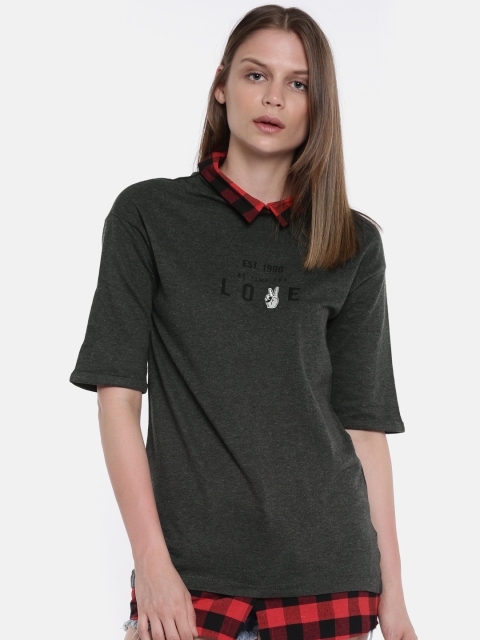 

People Women Charcoal Grey Solid Shirt Style Pure Cotton Top