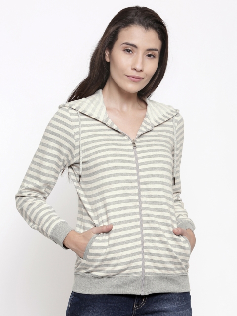 

People Women Cream-Coloured & Grey Striped Hooded Sweatshirt