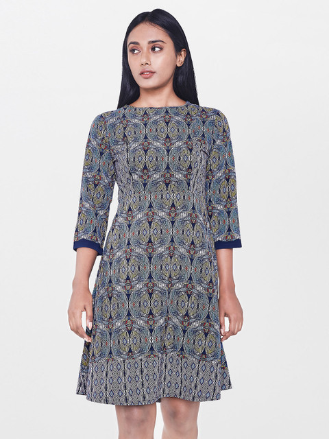 

AND Women Blue Printed A-Line Dress
