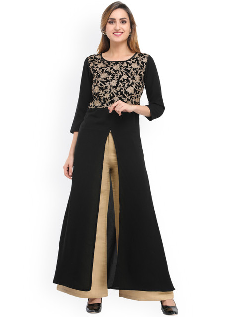 

Cottinfab Women Black & Beige Self Design Kurta with Palazzos