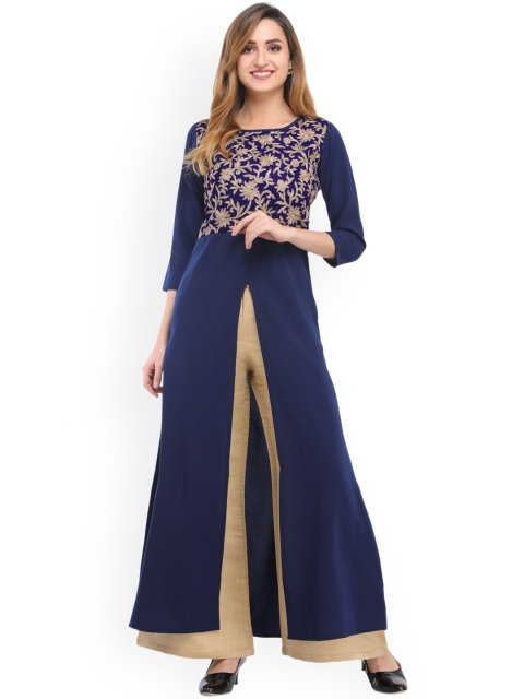 

Cottinfab Women Blue & Beige Self Design Kurta with Palazzos