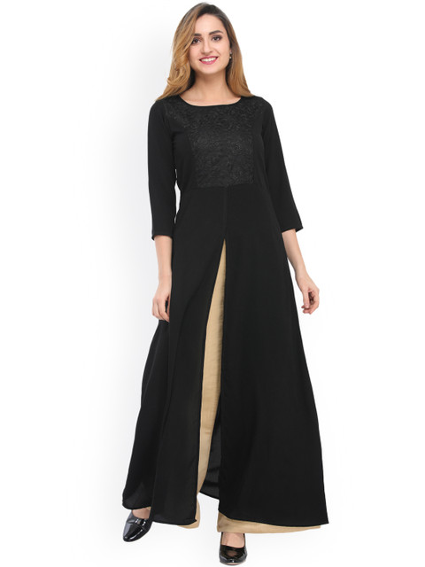 

Cottinfab Women Black Woven Design A-Line Kurta