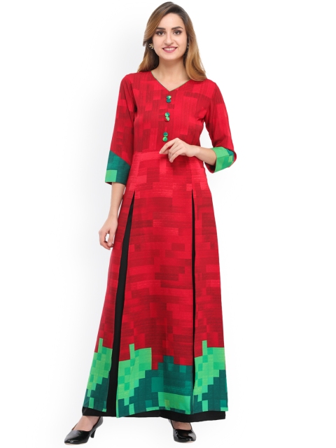 

Cottinfab Women Red Printed Straight Kurta