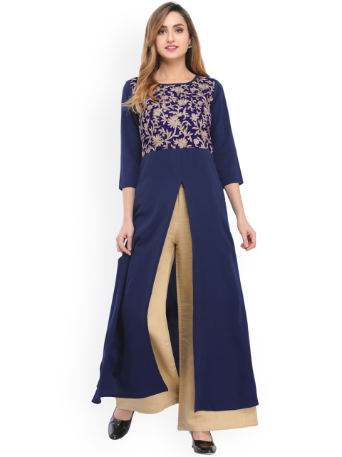 

Cottinfab Women Blue Woven Design Straight Kurta