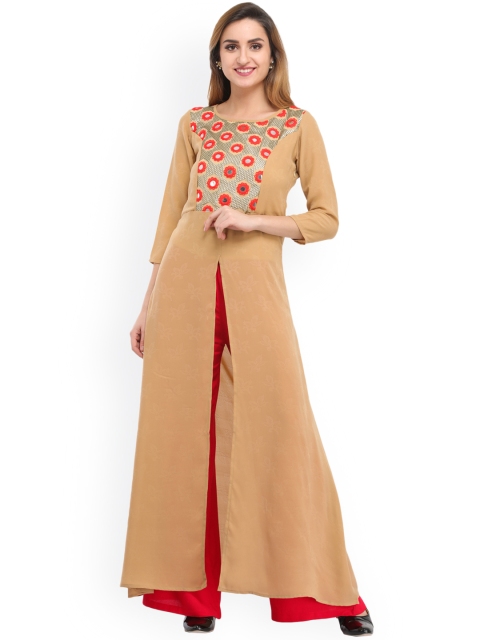 

Cottinfab Women Beige Embellished A-Line Kurta