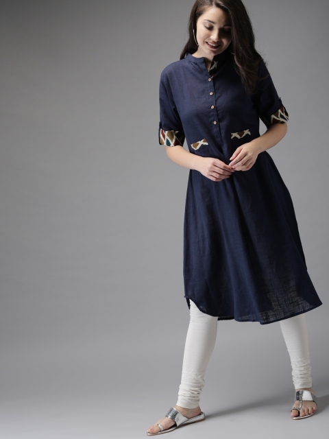 

HERE&NOW Women Navy Solid A-Line Kurta, Navy blue