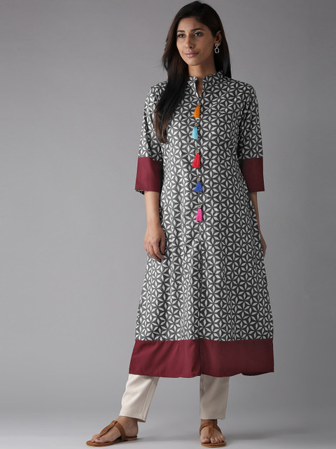 

HERE&NOW Women Grey & Off-White Printed A-Line Kurta