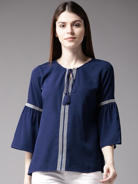 

HERE&NOW Women Blue Solid Top with Embroidered Detail