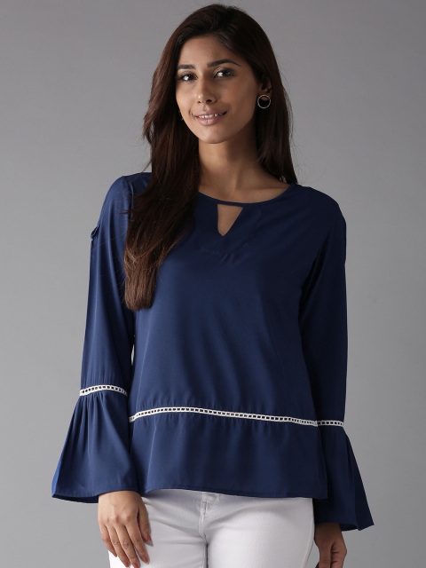 

HERE&NOW Women Navy Solid Cold Shoulder A-Line Top, Navy blue