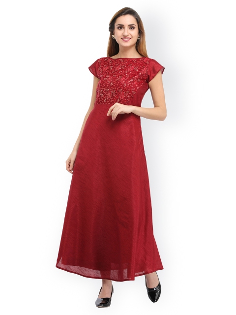 

Cottinfab Women Maroon Embellished Maxi Dress