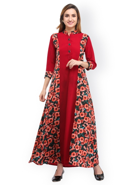 

Cottinfab Women Maroon Floral Printed Maxi Dress