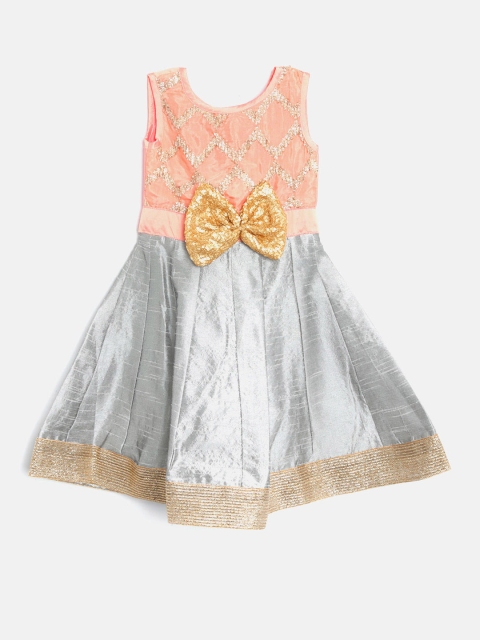 

YK Girls Peach-Coloured & Grey Embellished Fit & Flare Dress