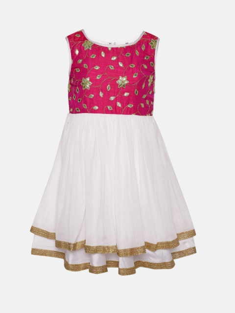 

YK Girls White & Pink Embellished Net Fit & Flare Dress