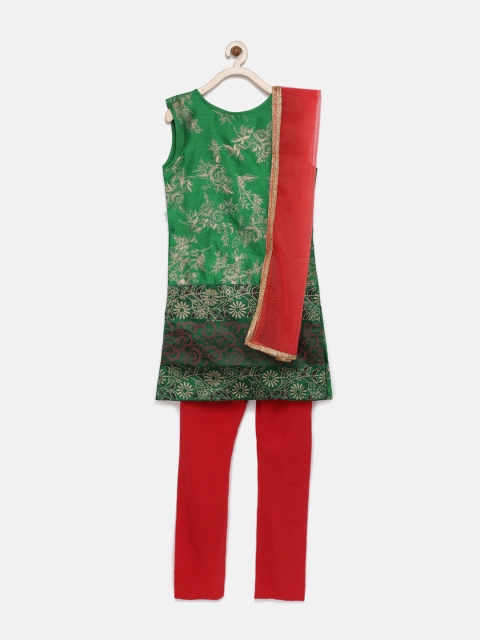 

YK Girls Green & Red Printed Kurta with Churidar & Dupatta