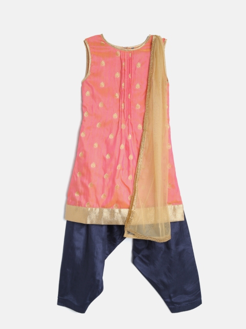 

YK Girls Pink & Navy Blue Self Design Kurta with Salwar & Dupatta