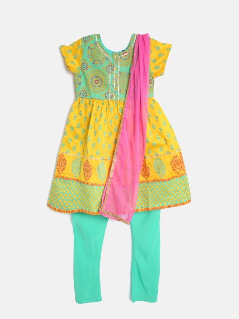 

YK Girls Yellow & Green Printed Kurta with Churidar & Dupatta