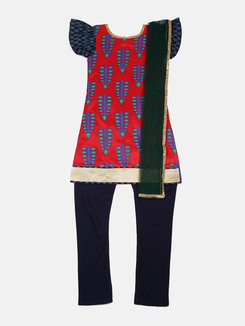 

YK Girls Red & Navy Blue Printed Kurta with Churidar & Dupatta