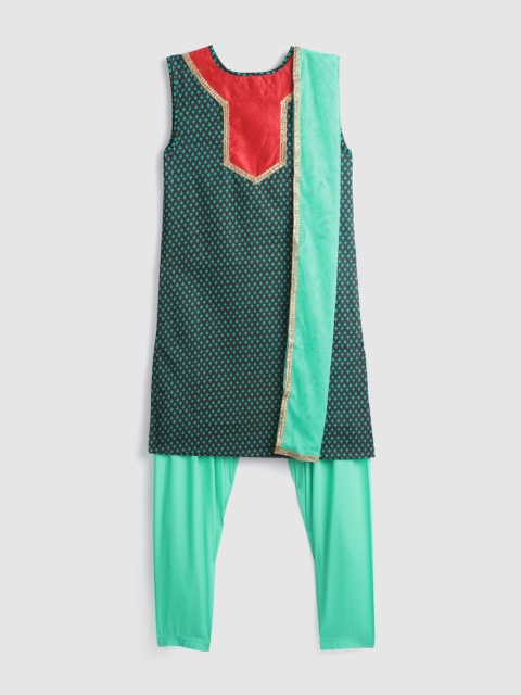 

YK Girls Green & Coffee Brown Printed Kurta with Salwar & Dupatta