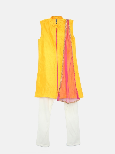 

YK Girls Yellow & White Solid Kurta with Churidar & Dupatta