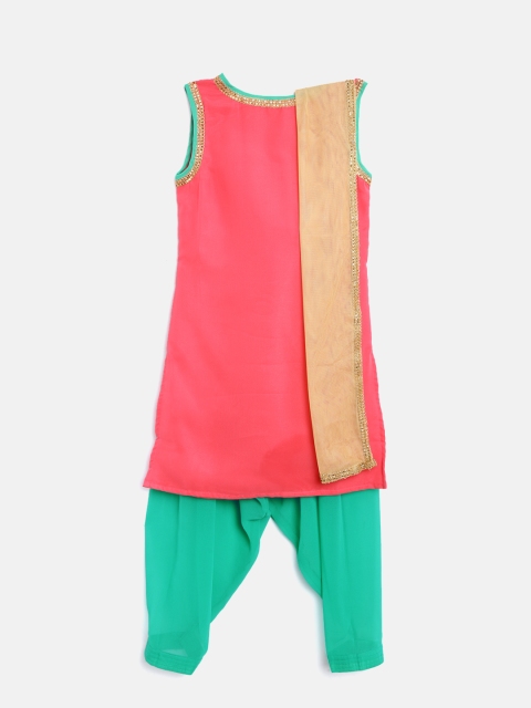 YK Girls Coral Pink & Green Solid Kurta with Salwar & Dupatta
