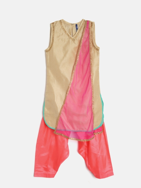 

YK Girls Beige & Coral Pink Solid Kurta with Salwar & Dupatta