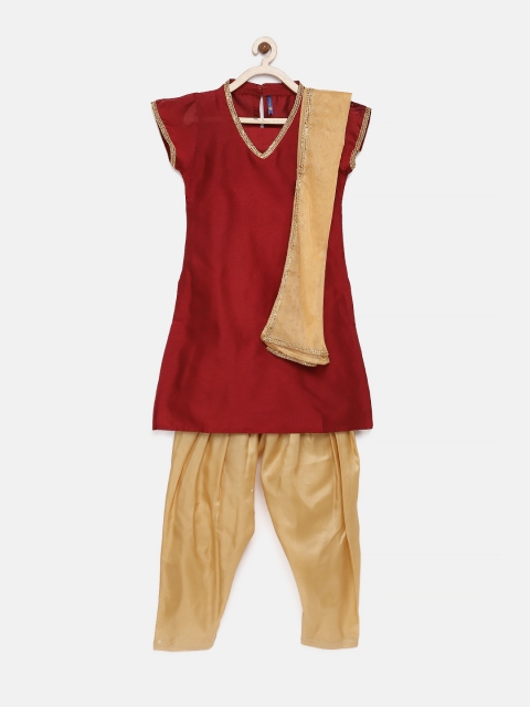 

YK Girls Maroon & Gold-Toned Solid Kurta with Salwar & Dupatta